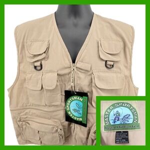 Master Sportsman Fishing Vest XL Khaki Tan Multi-Pocket Fly Fishing Utility NWT